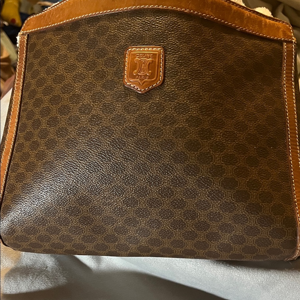 Celine Brown Monogram Messenger Bag with Tan Trim